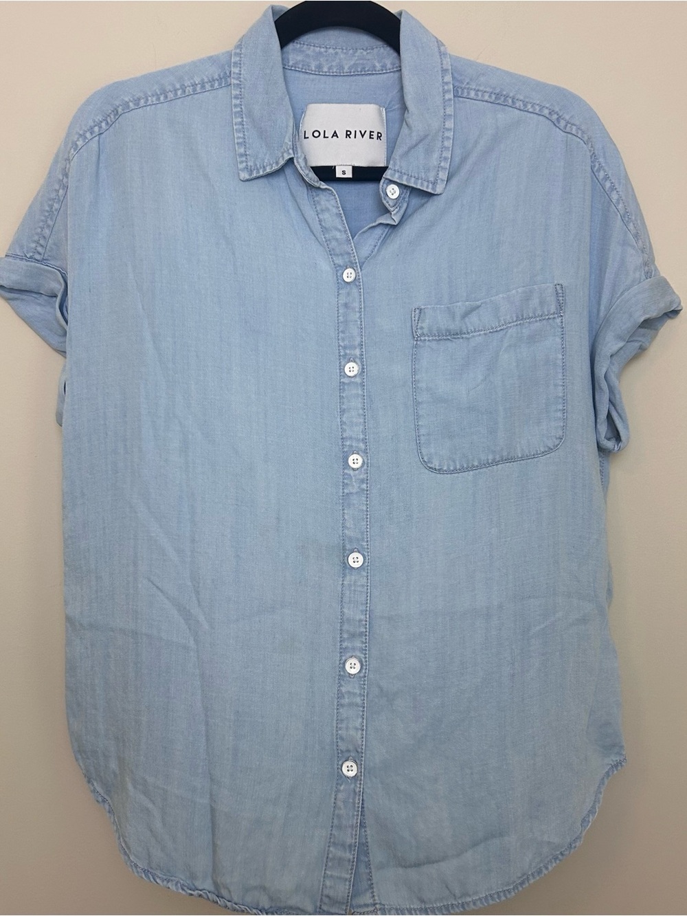Lola River Blue Denim Chambray small Button Up Light Wash Short Sleeve Shirt - Picture 2 of 9